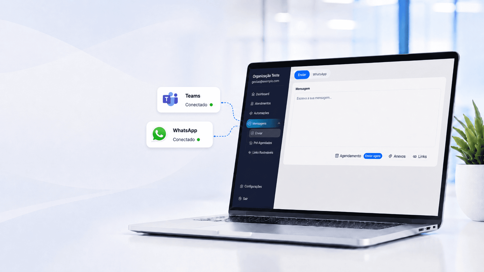 Mockup de integração com canais como Teams e WhatsApp